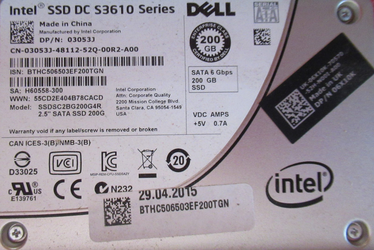 Dell Intel 3053J SSDSC2BG200G4R DC S3610 Series 200GB MLC SATA 6Gbps 2.5" SSD