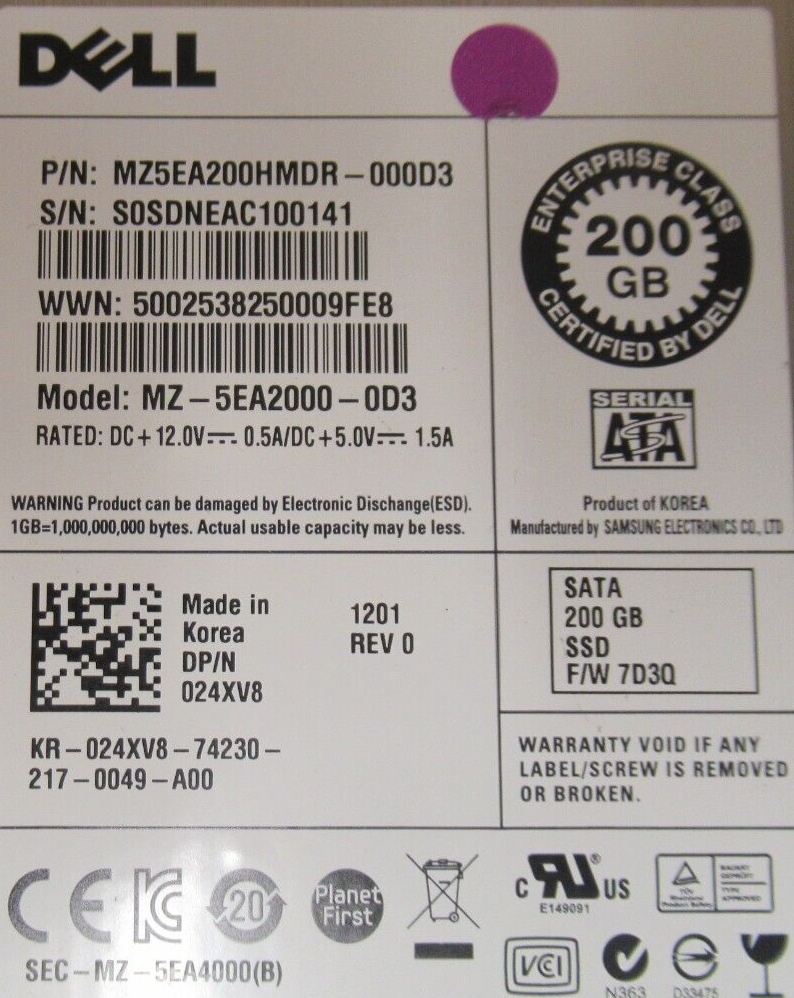 Dell SSD Samsung MZ5EA200HMDR 24XV8 200GB SATA 2.5" Solid State Drive