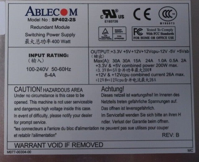 Supermicro Ablecom 400W 2U Redundant Hot-Swap Power Supply PSU SP402-2S PWS-0037
