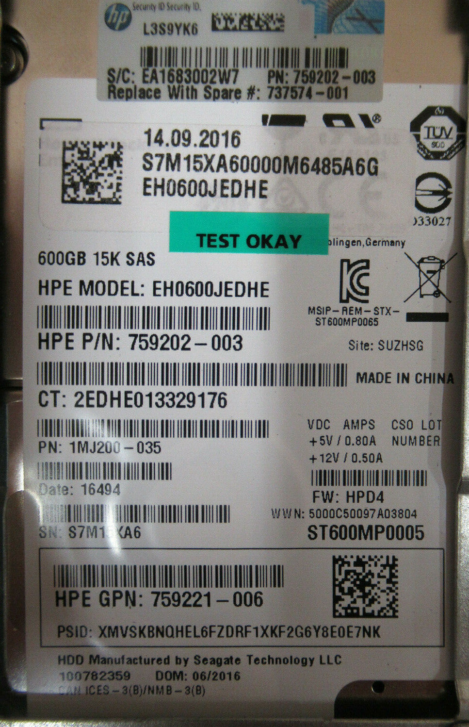 HP 600GB 2.5" SAS 12GB/s 15K Enterprise 12G HDD in 3.5"  737574-001 737396-B21