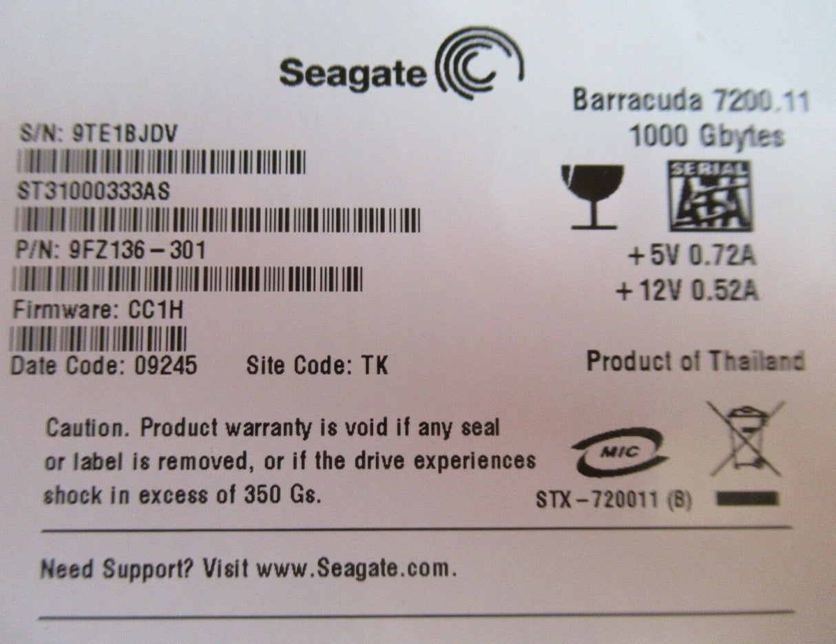 Seagate ST31000333AS Barracuda 7200.11 1TB 7200RPM SATA 32MB 3.5" Internal HDD
