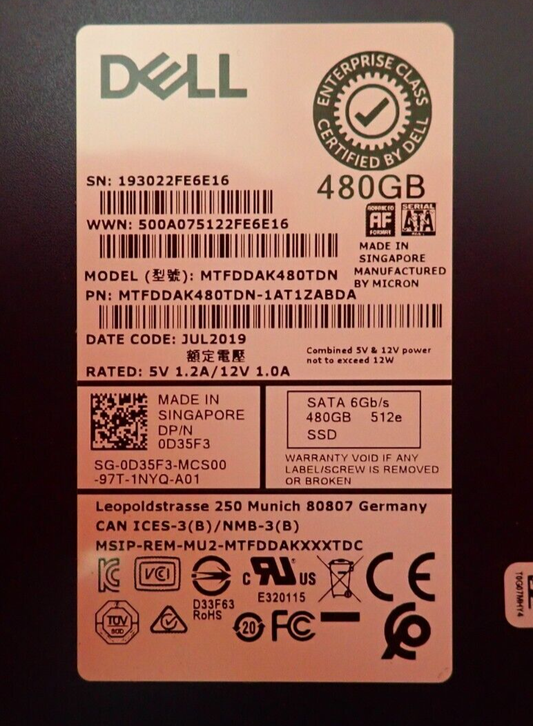 Dell 480GB SATA 2.5" 6Gb/s Enterprise Solid State Drive SSD MTFDDAK480TDN D35F3