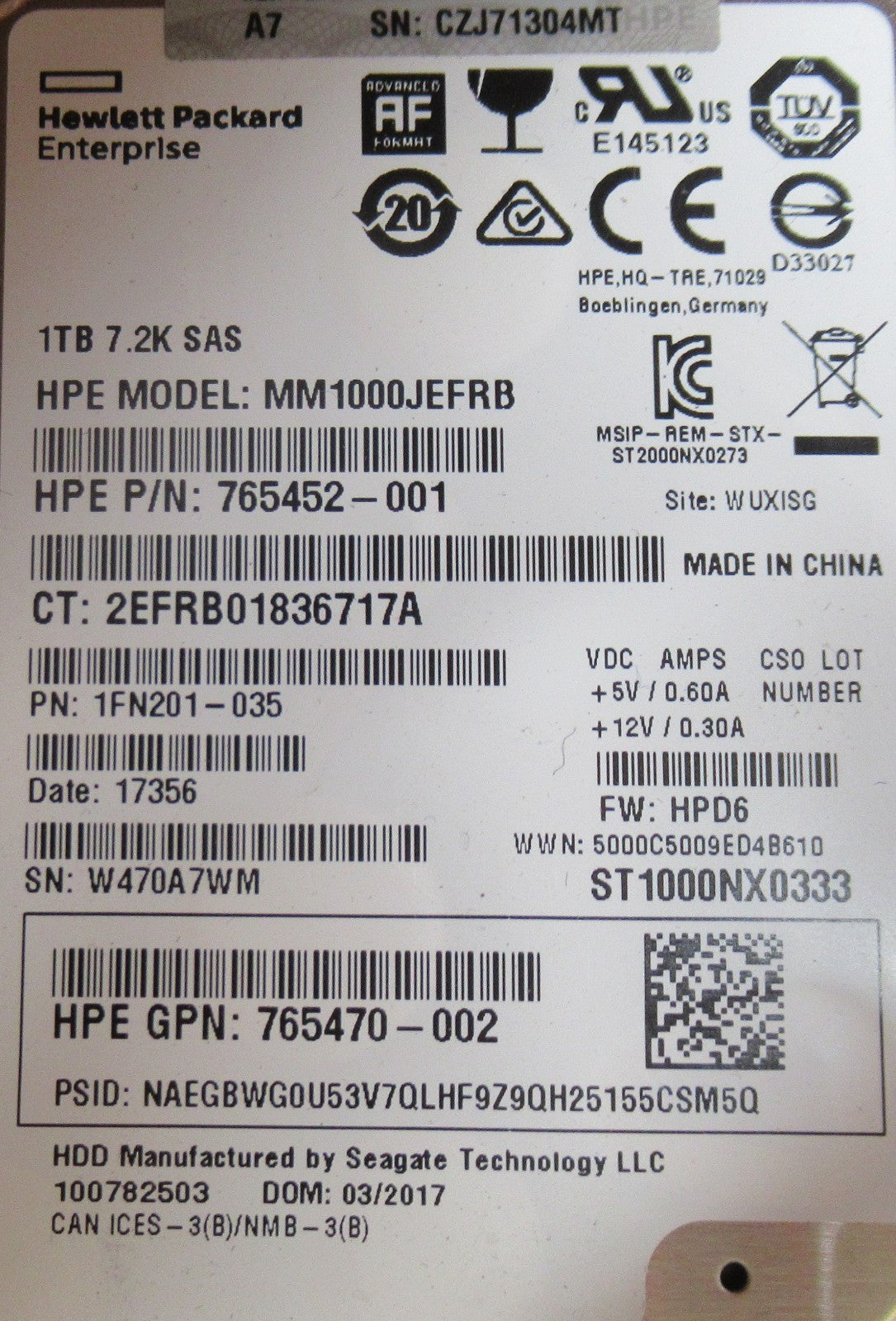HP 765872-001 765464-B21  1TB 7.2k 12G hot plug ProLiant HDD hard drive