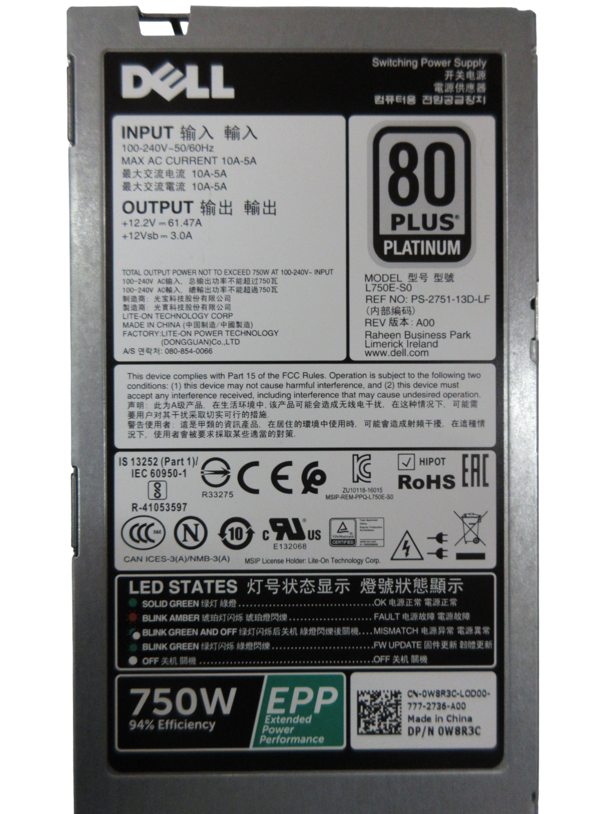 Dell 750W PSU Power Supply W8R3C R530 R630 R730 R640 R740 R740xd