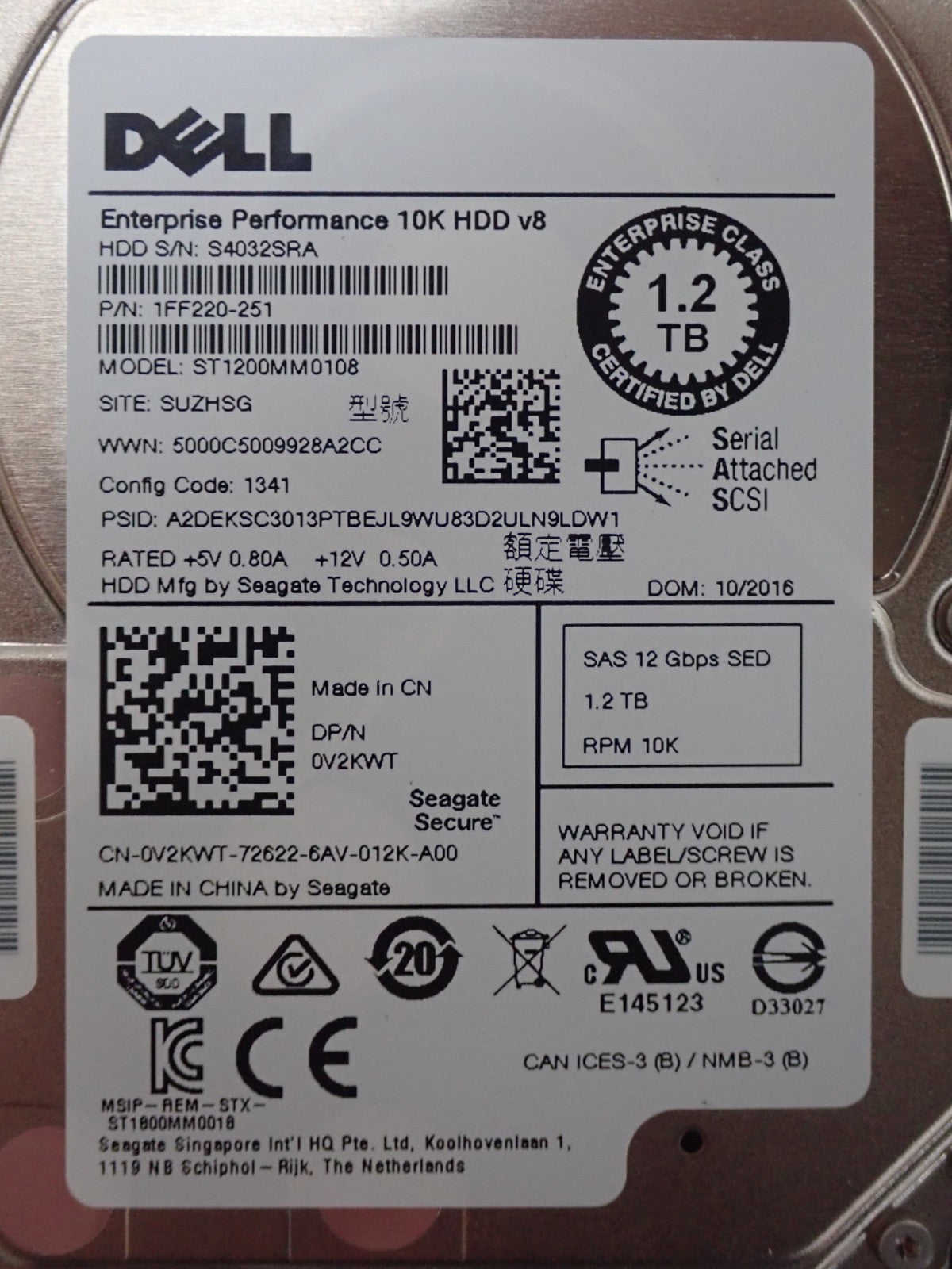 Dell PowerEdge 1.2TB 10K SAS 12G SFF 2.5" SED HDD Hard Disk Drive V2KWT 0V2KWT