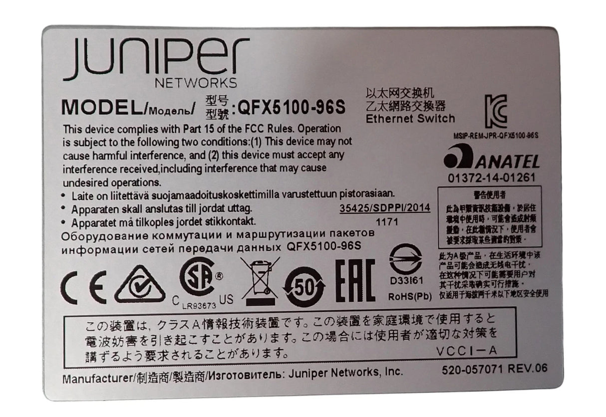 Juniper QFX5100-96S-8Q 96x 1/10Gb SFP+ + 8x 40GbE QSFP Port B2F L3 Switch 2x PSU