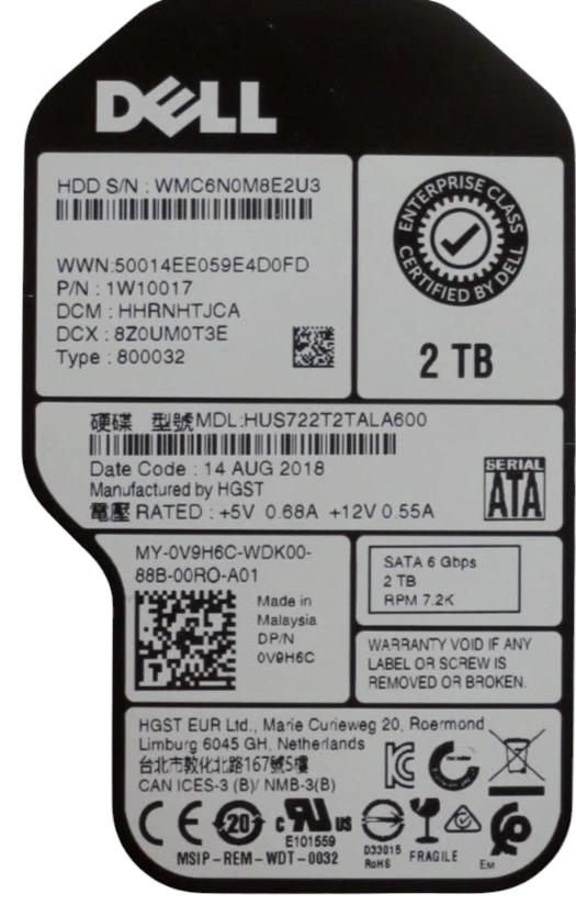 Dell 2TB 7.2k 3.5" SATA 6Gbps Hard Drive HDD V9H6C In 14/15th Gen Caddy