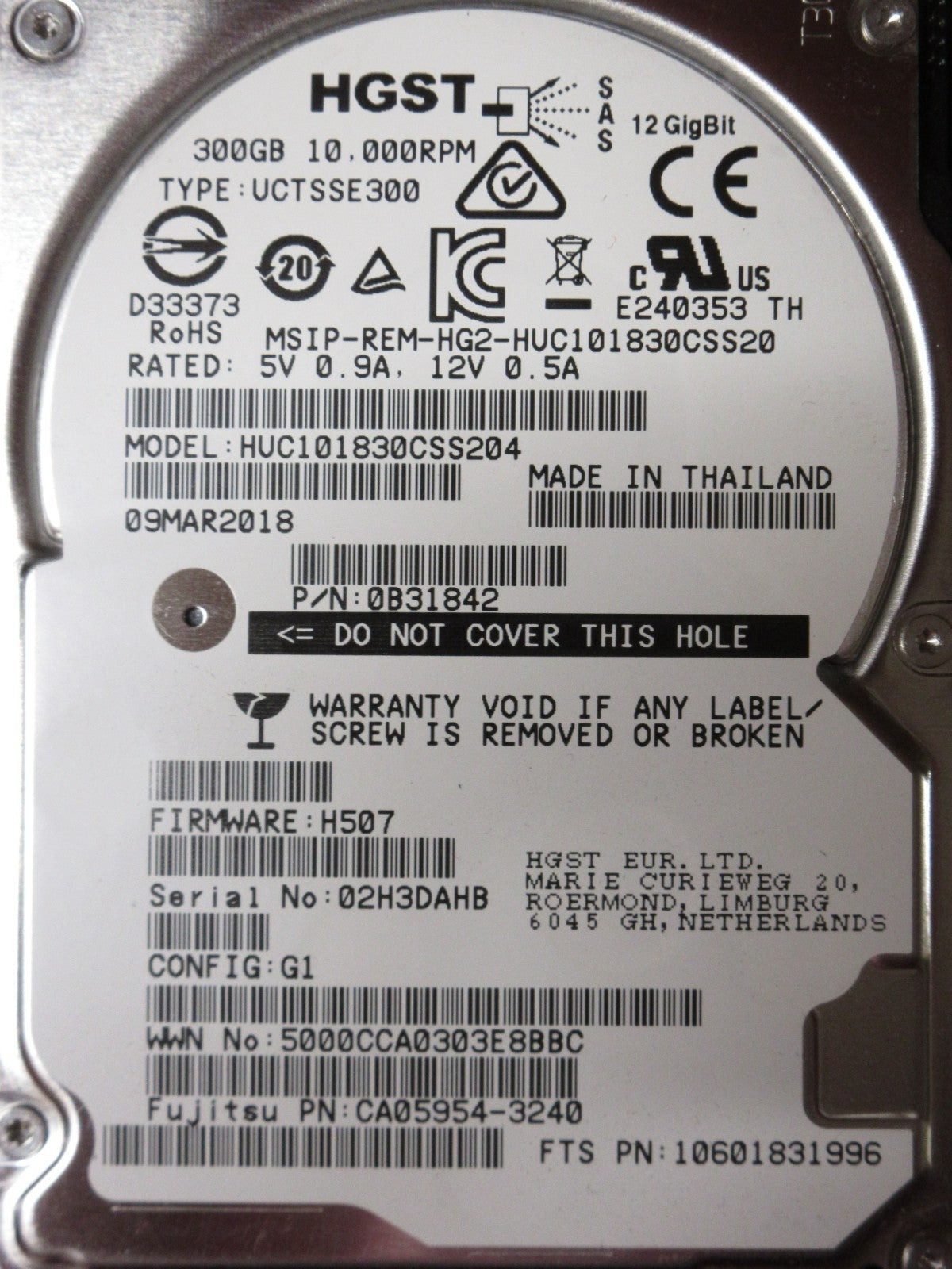 Fujitsu Eternus 300GB 10K 2.5" 12G SAS CA05954-3240 10601831996 HDD CA07339-E501
