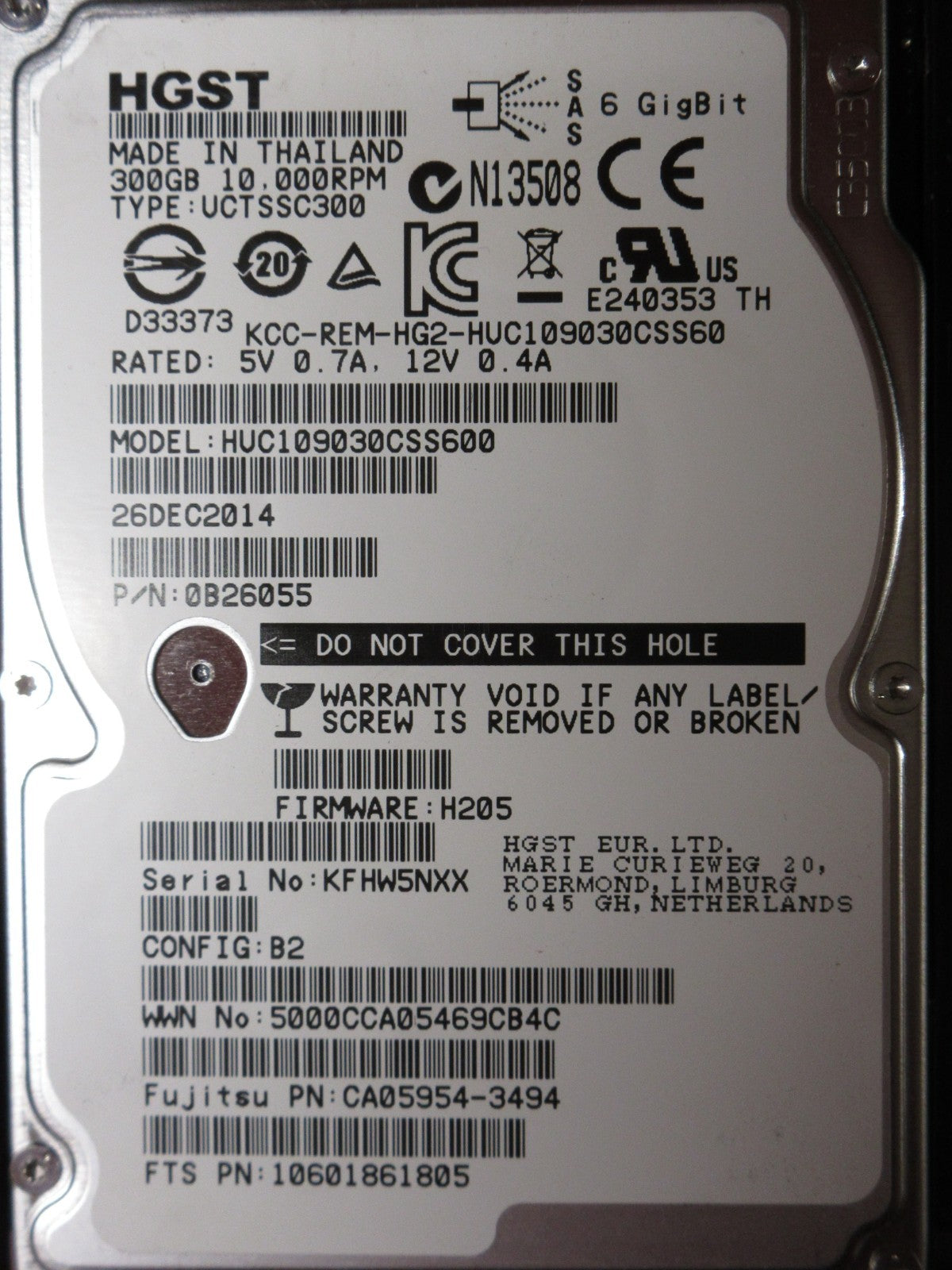 Fujitsu Eternus 300GB 10K 2.5" 6G SAS CA05954-3494 10601861805 HDD CA07339-E501