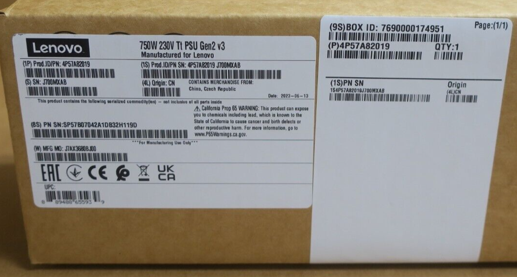 NEW Lenovo ThinkSystem 750W 230V Titanium Gen2 V3 Power Supply PSU 4P57A82019