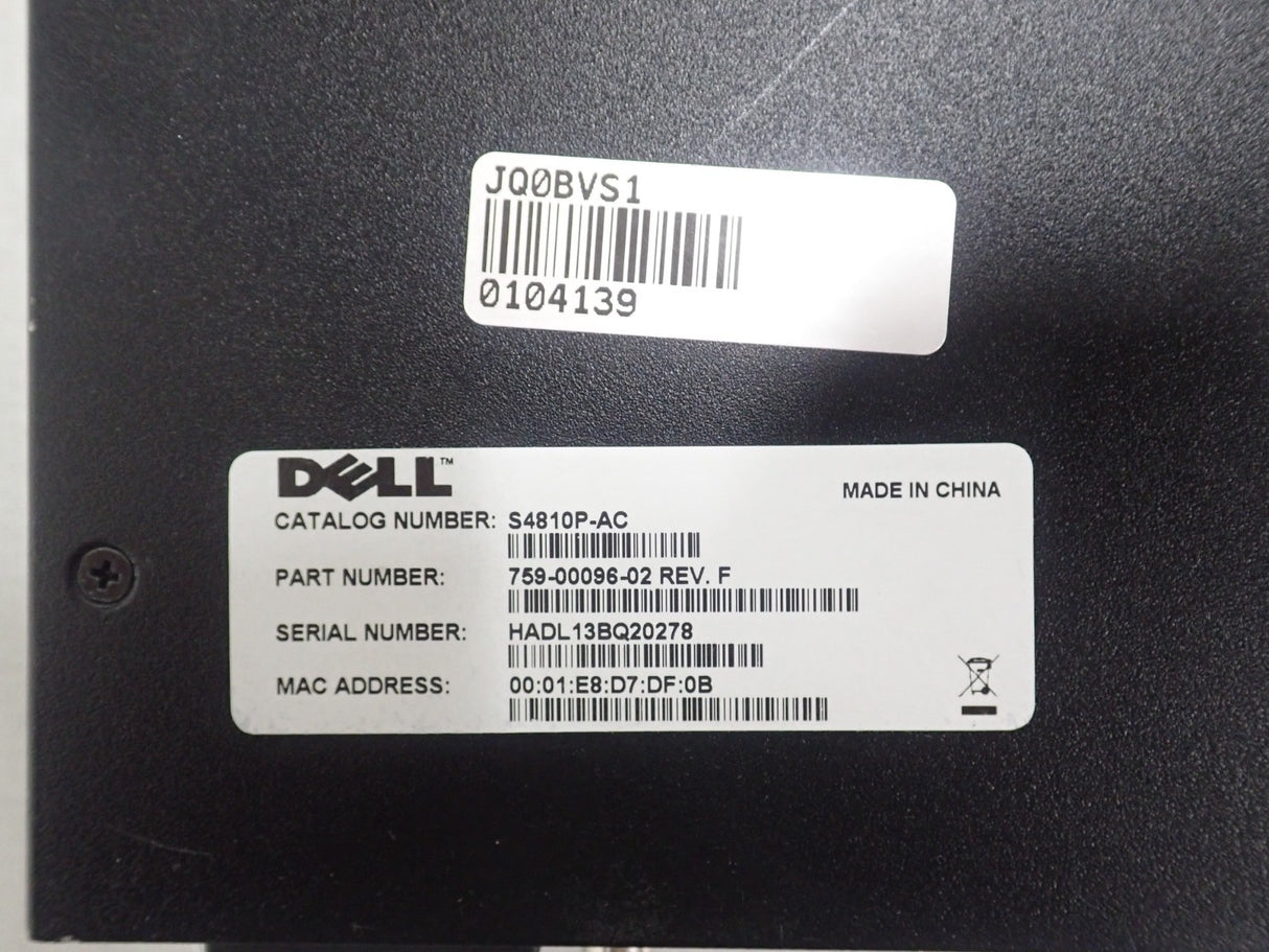 Dell Force10 S4810 S4810-01-64F 48x 10GE SFP+ + 4x 40GE QSFP+ B2F Airflow Switch