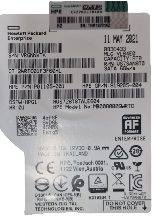 NEW HPE 8TB 7.2K SATA 6G 3.5" HDD 820033-001 819203-B21 in G8-G10 Caddy