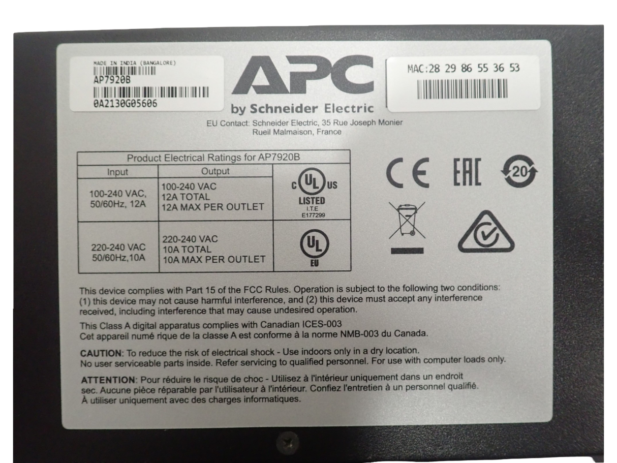 APC AP7920B Rackmount Power Distribution Unit 15A 230V 8x C13 2U Switched PDU