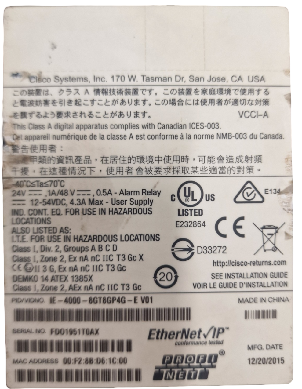 Cisco IE-4000-8GT8GP4G-E 8x RJ45 10/100/1000 8x 1G PoE 4x 1G Combo Switch