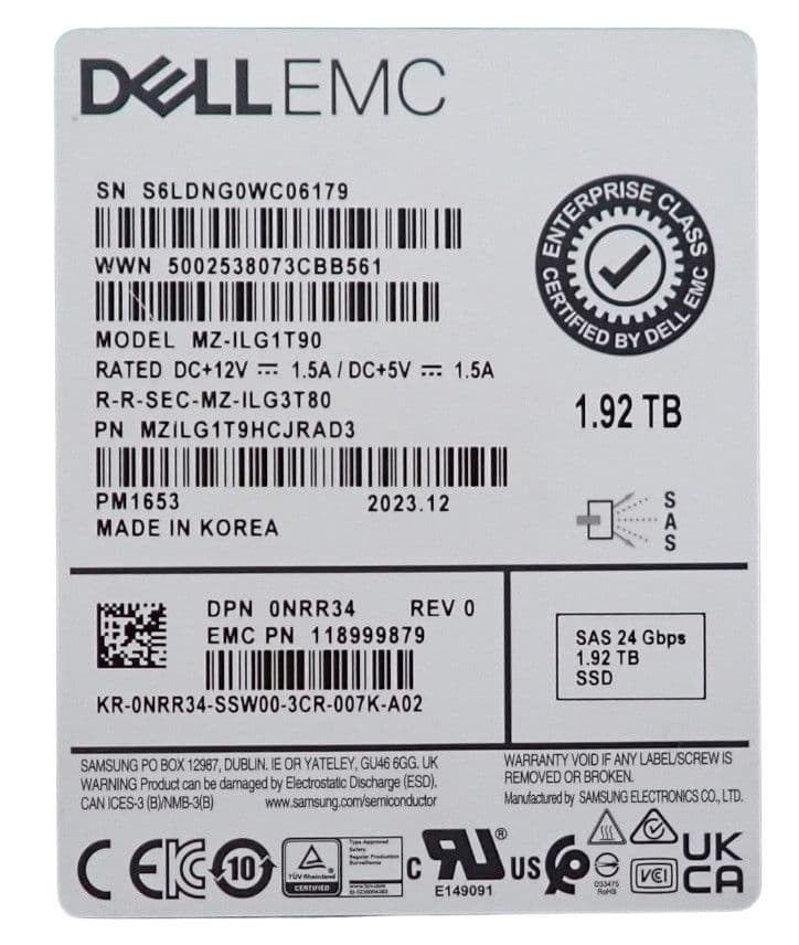 Dell 1.92TB SAS 24G SFF 2.5" RI SSD MZ-ILG1T90 NRR34 +14/15/16/17th Gen Caddy