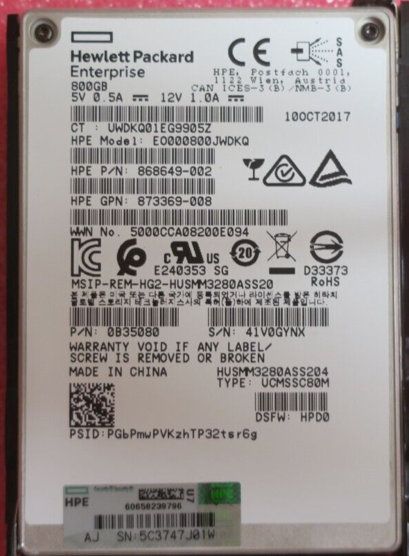 HP 800GB SAS 12G 2.5" Hot-Plug WI Solid State Drive SSD 873564-001 873355-B21