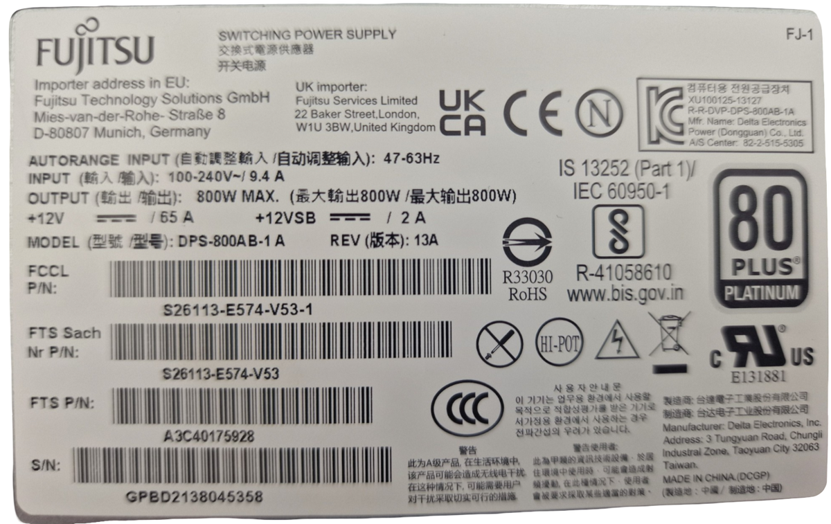 New Fujitsu S26113-E574-V53 Platinum 800W PSU for RX2530 M1 M2 RX2540 M1 M2 +++