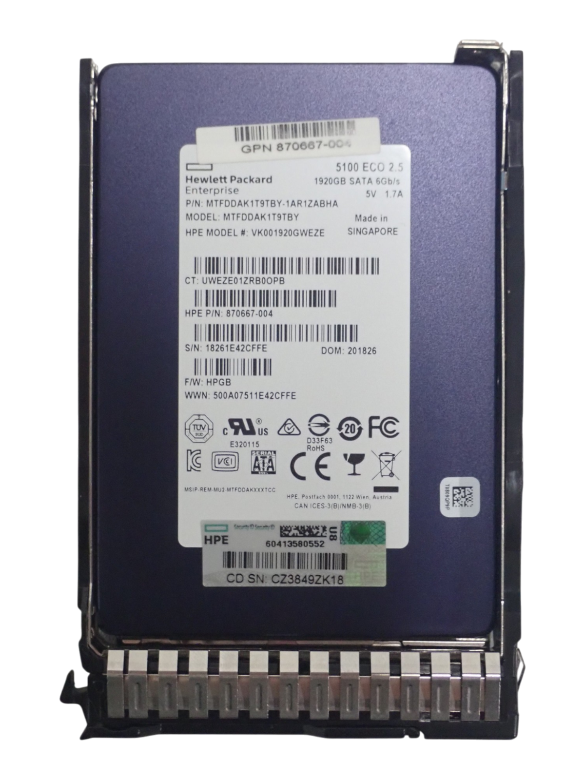 HP 1.92TB SATA 6G 2.5" SFF Read Intensive SSD Solid State Drive 875513-B21