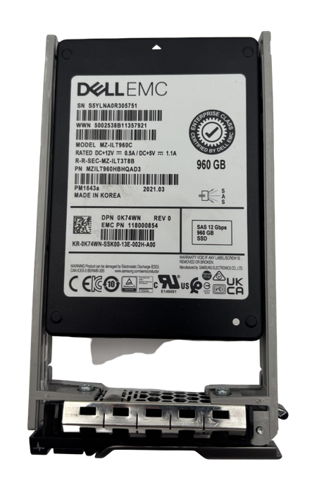 Dell 960GB 2.5" SAS 12G RI TLC HotPlug SSD K74WN MZ-ILT960C + 14th Gen Caddy