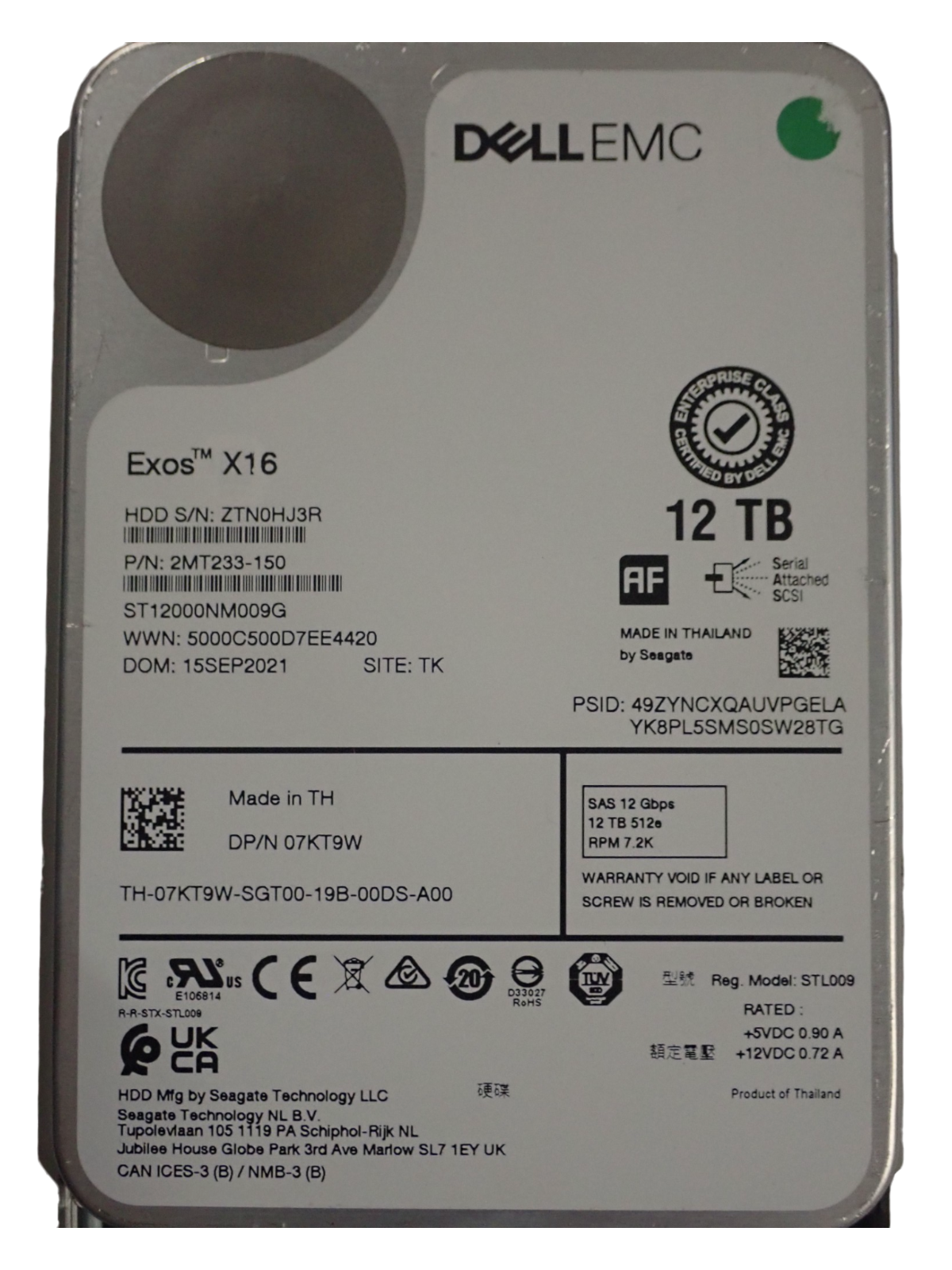 Dell EMC 12TB 3.5" 7.2K SAS 12G 256mb LFF Enterprise Hard Drive HDD 7KT9W 07KT9W