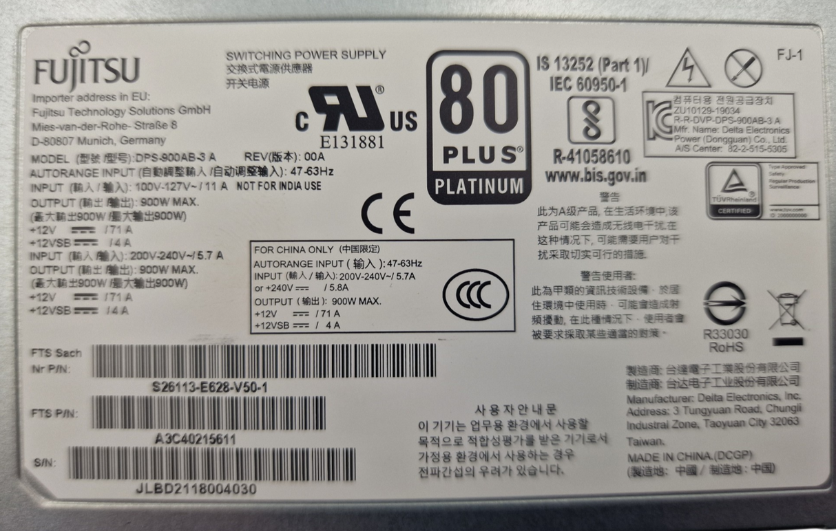 New Fujitsu Primergy 900W Platinum Modular PSU Power Supply S26113-F628-E10