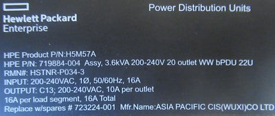 New HPE H5M57A Basic 3.6kVA 240V/16A 20 Outlets C13/Vertical WW PDU 719884-004