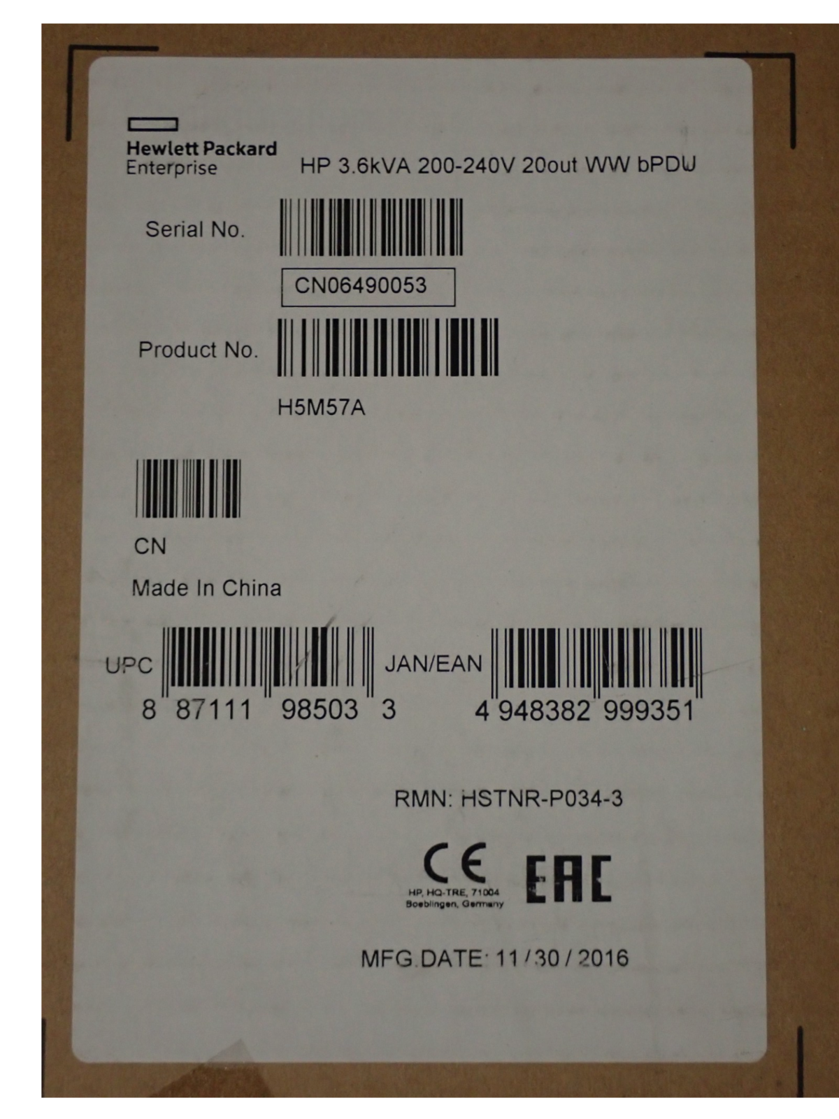 New HPE H5M57A Basic 3.6kVA 240V/16A 20 Outlets C13/Vertical WW PDU 719884-004