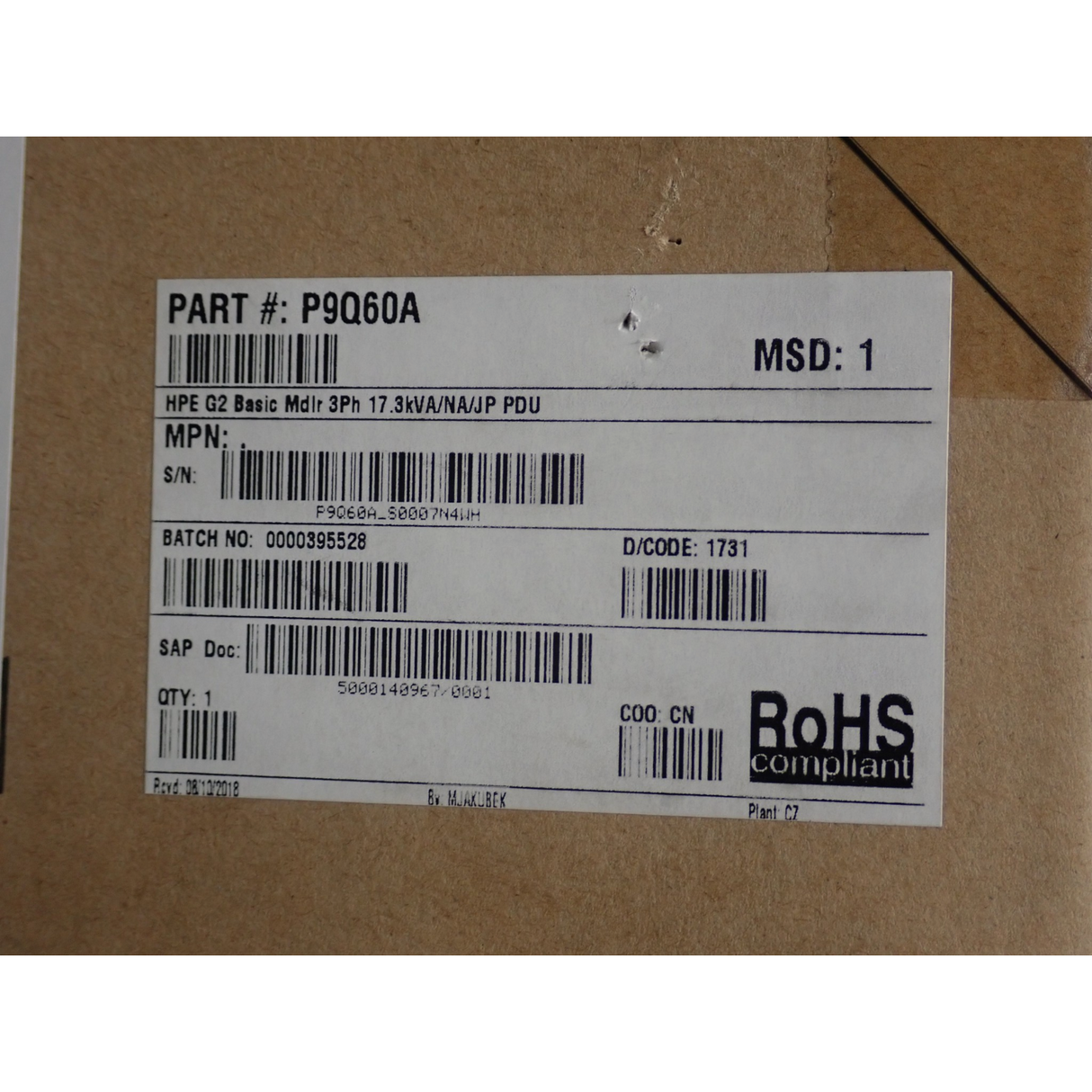 NEW HPE G2 P9Q60A 6xC19 3Ph 17.3kVA 48A 240V 1U Power Distribution Unit PDU