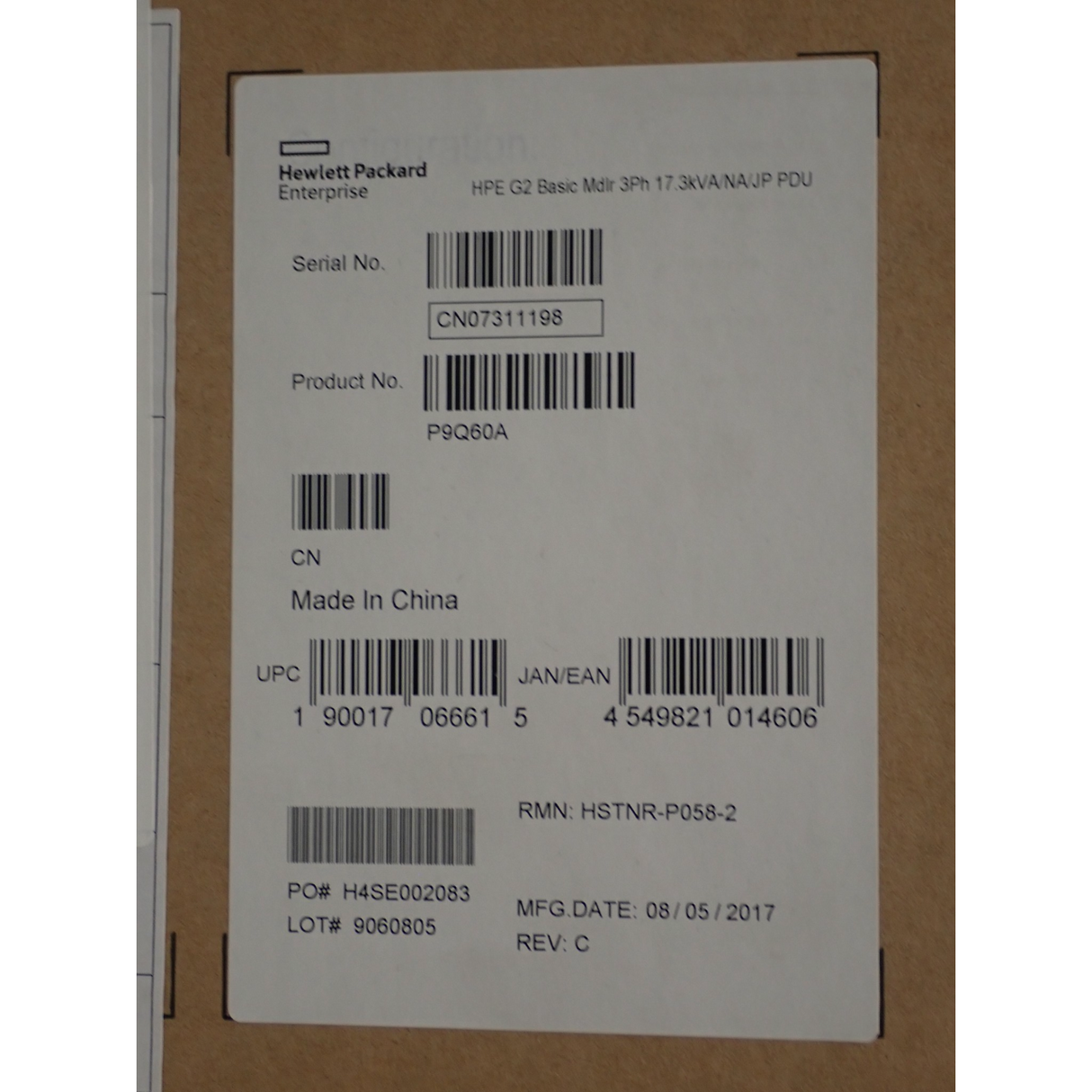 NEW HPE G2 P9Q60A 6xC19 3Ph 17.3kVA 48A 240V 1U Power Distribution Unit PDU
