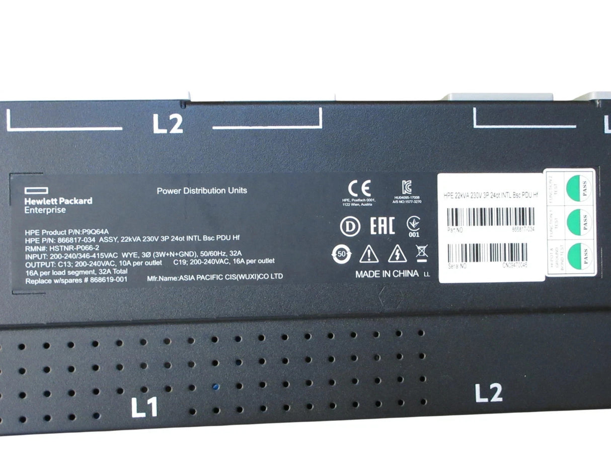 HPE P9Q64A 866817-034 G2 3Ph 22kVA 0U Rack PDU 24x C13/C19 32A 230V