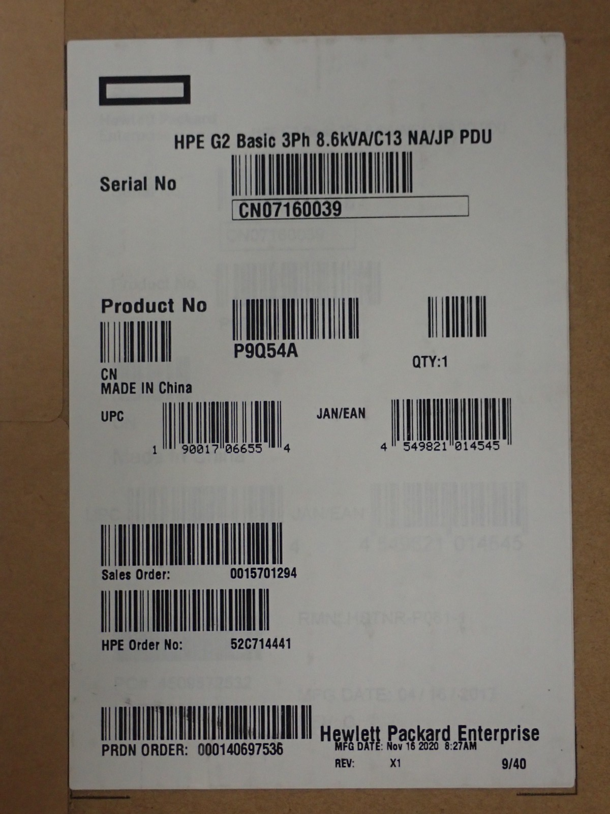 NEW HPE G2 P9Q54A 18 x C13 Outlets 3Ph 8.6kVA 48A 208V NA/JP Rack PDU 866817-024