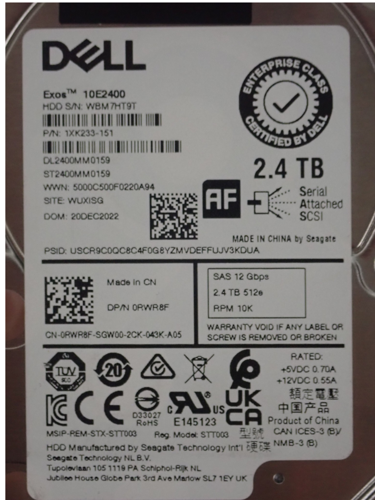 Dell Exos 2.4TB 2.5" 12Gb/s 10k SAS SFF Hard Drive HDD RWR8F in 14th Gen Caddy