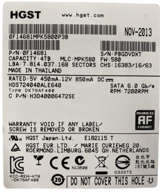 Hitachi HGST 4TB 7.2K SATA 6Gb/s 3.5" LFF HDD HDS724040ALE640 0F14681