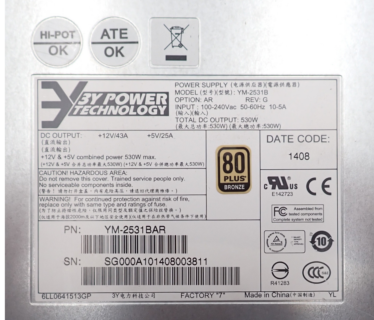 3Y Power Technology YM-2531B 9373CPSU-0010 Disk Array 530W Power Supply