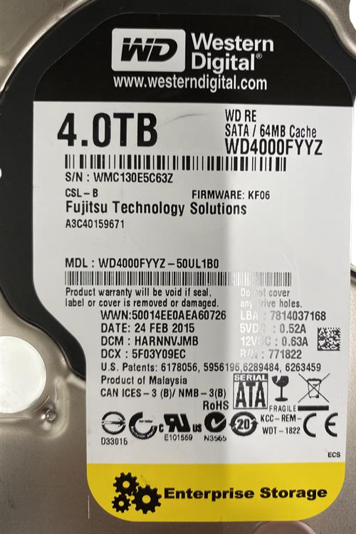 Fujitsu 4TB 7.2K SATA 6G LFF 3.5" Enterprise HDD WD4000FYYZ S26361-F3670-L400