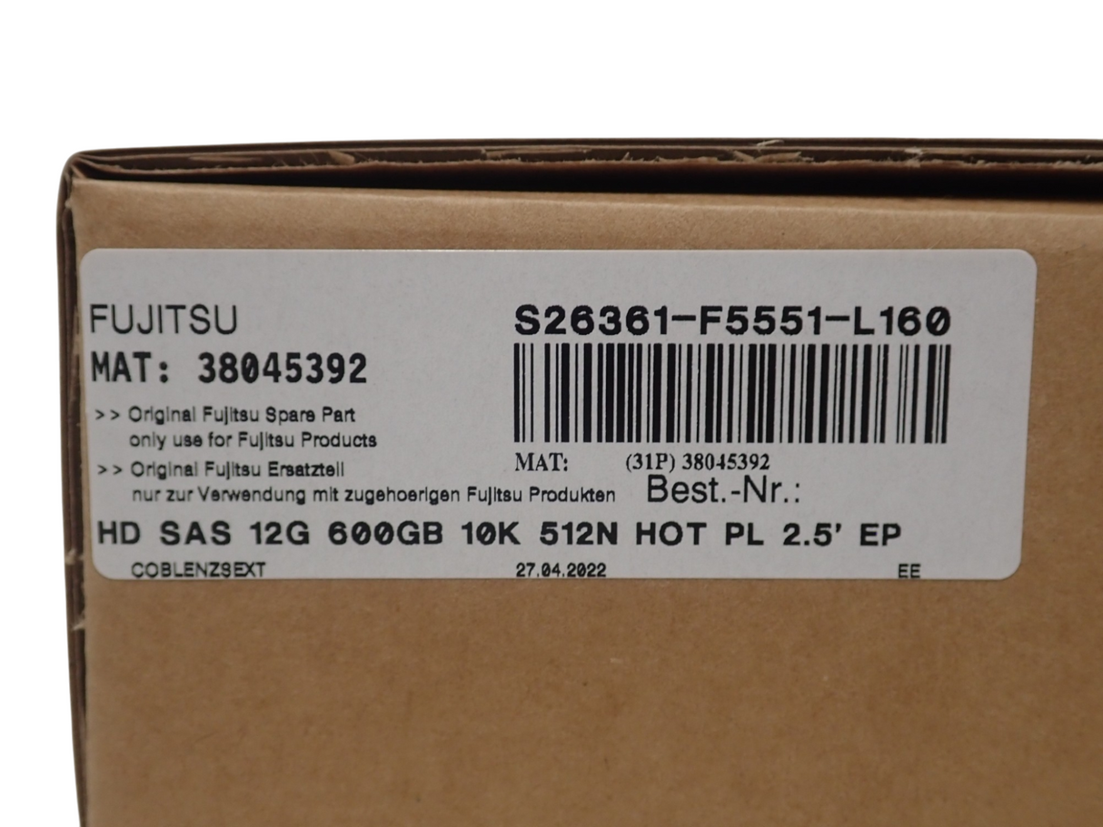 NEW Fujitsu 600 GB SAS 12G 10k 2.5" Hot-Plug HDD Hard Drive S26361-F5551-L160