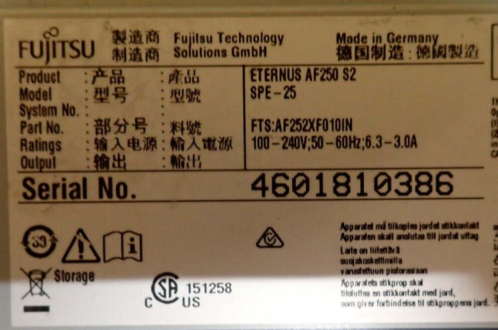 Fujitsu FTS:AF252XF010IN ETERNUS AF250 S2 Dual 16Gb FC Controller 24x 1.92TB SSD