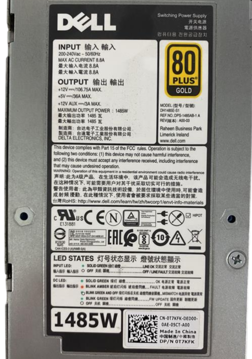 DELL EMC SC3020/SC5020/SC7020 1485W 80+ GOLD PSU T7KFK 0T7KFK DH1485E-S1