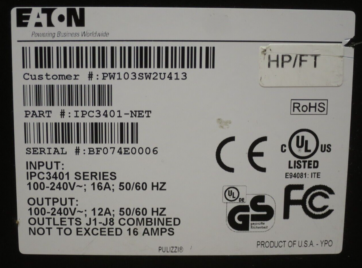 Eaton IPC3401-NET Intelligent Power Control 8x C13 19" Rack 1U PDU Power Bar 12A