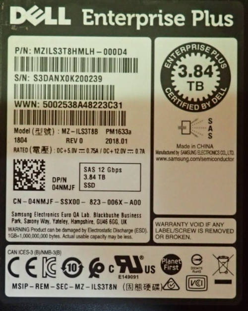 Dell Compellent 3.84TB 12G SAS RI TLC 2.5" SSD MZ-ILS3T8B 4NMJF 04NMJF In Caddy