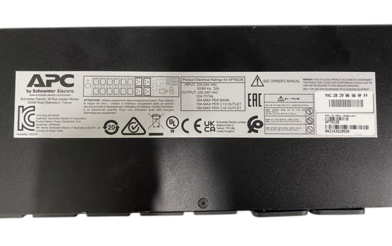 APC AP7822B 16-Way 12x C13 4x C19 Outlet 2U Rackmount 32A 1PH Metered PDU