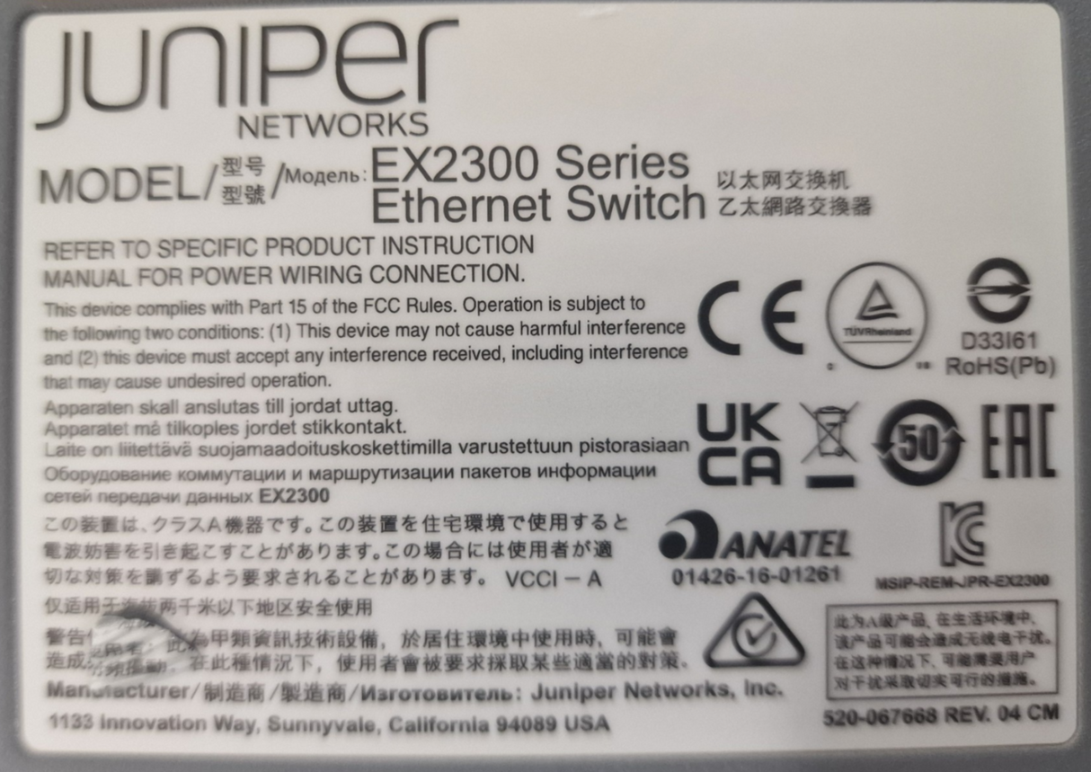Juniper EX2300-24T EX2300 24x 1GbE 4x 10Gb SFP+ Layer 3 Managed Switch