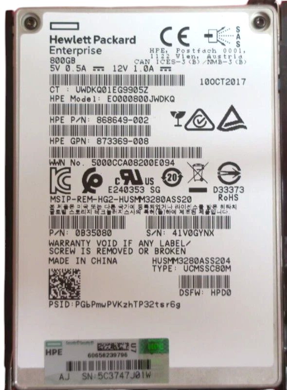 HP 800GB SAS 12G 2.5" Hot-Plug WI Solid State Drive SSD 873564-001 873355-B21