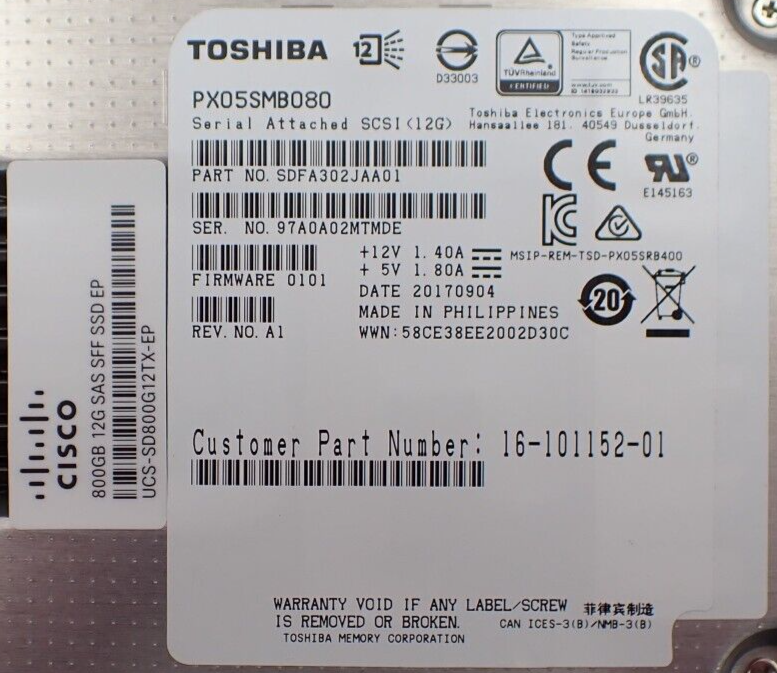 Cisco UCS-SD800G12TX-EP 800GB 2.5" SAS 12Gb/s Solid State Drive SSD in M5 Caddy