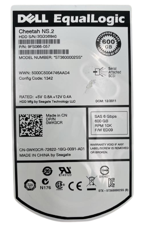 Dell EqualLogic 600GB 10K 6G SAS 512n 3.5" LFF HDD + Caddy WK0CR ST3600002SS