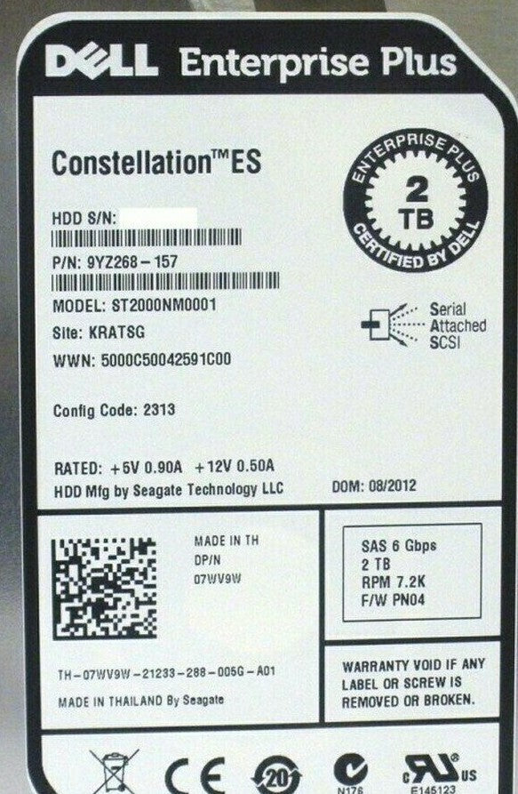Dell EqualLogic 2TB 7.2K 6G SAS 3.5" HDD Hard Drive 9YZ268-157 7WV9W