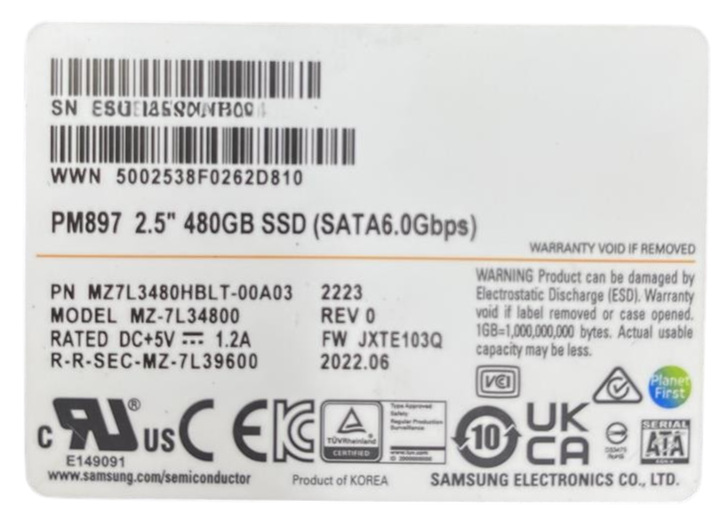Fujitsu Samsung PM897 480GB 6G SATA 2.5" SFF SSD with Caddy S26361-F5940-L480