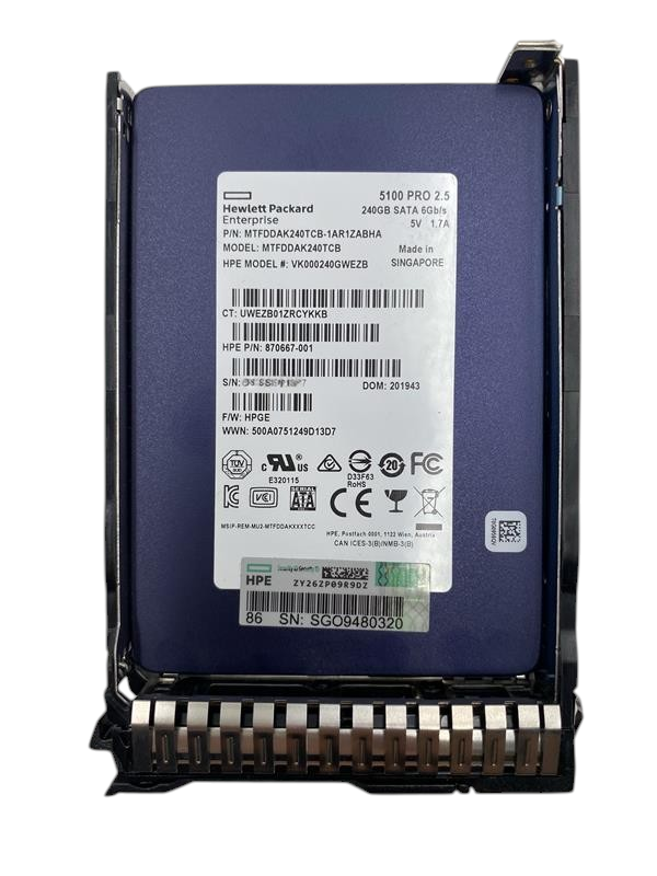 HPE 5100 PRO 240GB 6G SATA RI 2.5" SFF SSD with Caddy 875503-B21 875652-001