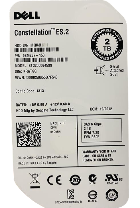 Dell Constellation ES.2 2TB 7.2K 6G SAS 3.5" HDD with Caddy 1D9NN ST32000645SS