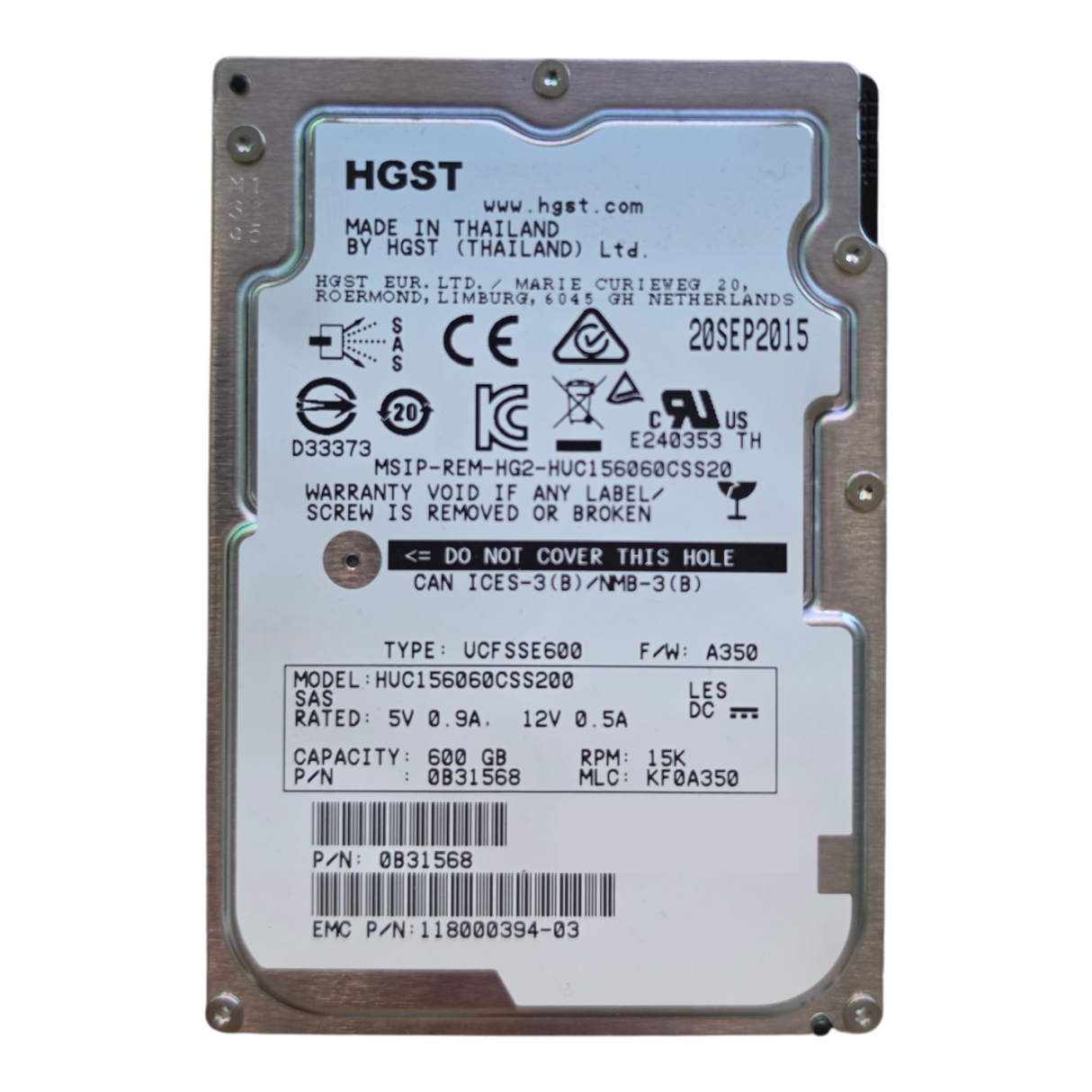 EMC 600GB 15K SAS 6G 2.5" HDD in 3.5" Caddy 005050927 V3-VS15-600E For VNX